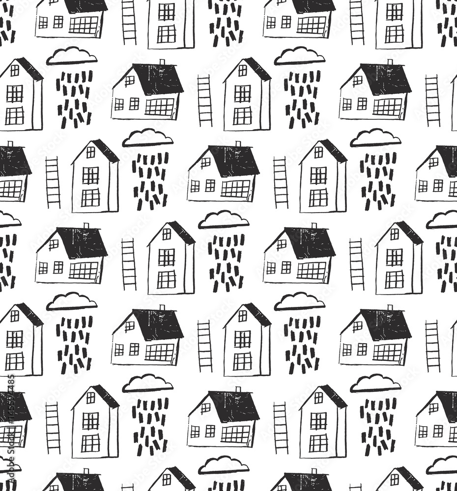 City seamless pattern with hand drawn houses.  Seamless background with sketchy house and cloud rain . The image is made in the style of hand-made, bright, simple.