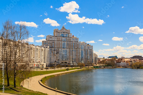 Center of the city of Minsk - the capital of Belarus, the Nemiga river. Cityskape.