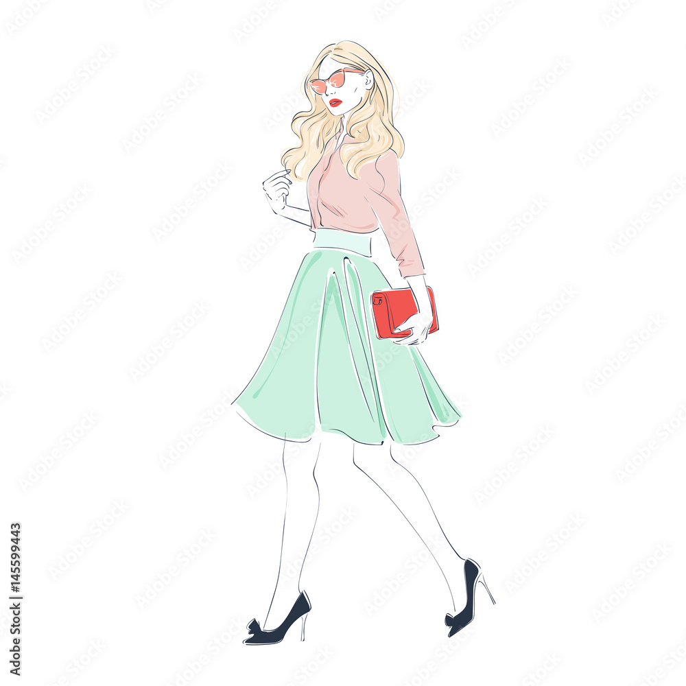 Beautiful young women in a fashion retro clothes, midi skirt and pink sunglasses with bag. Vector hand drawn illustration. Beautiful young women in a fashion retro clothes, midi skirt and pink sunglasses with bag. Vector hand drawn illustration.