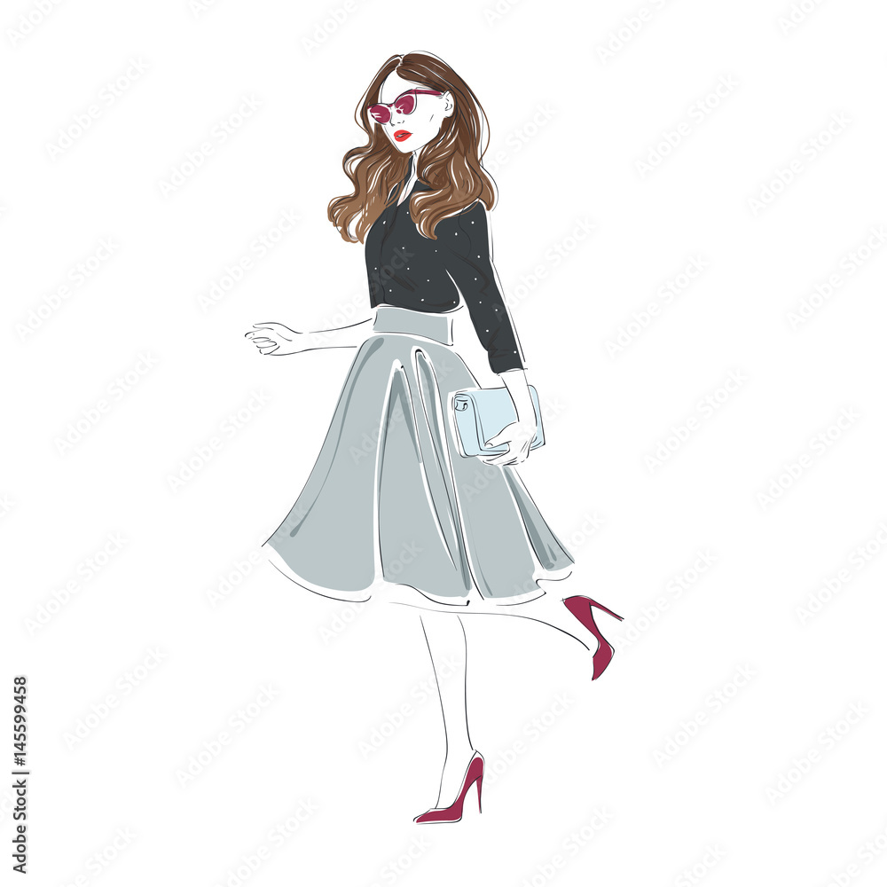 Beautiful young women in a fashion retro clothes, midi skirt and pink sunglasses with bag on high heels. Vector hand drawn illustration. Beautiful young women in a fashion retro clothes, midi skirt and pink sunglasses with bag on high heels. Vector hand drawn illustration.