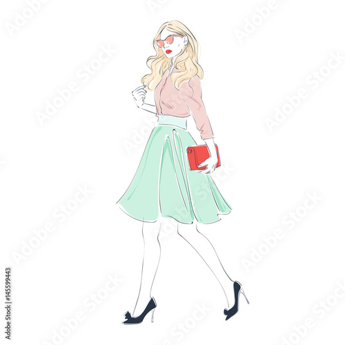 Beautiful young women in a fashion retro clothes, midi skirt and pink sunglasses with bag. Vector hand drawn illustration.