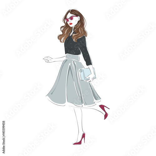 Beautiful young women in a fashion retro clothes, midi skirt and pink sunglasses with bag on high heels. Vector hand drawn illustration.