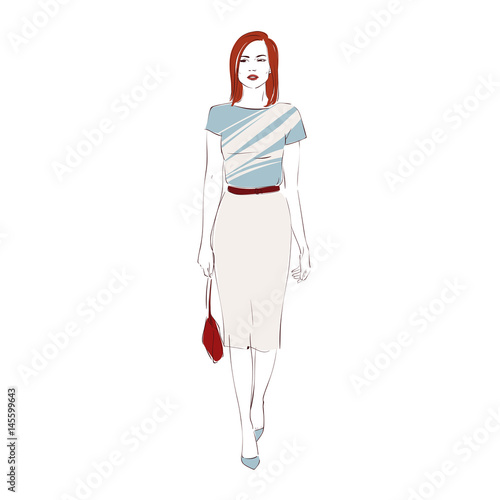 Beautiful fashion red hair hipster young business woman in pencil skirt on high heels with bag. Hand drawn illustration. Vector hand drawn sketch illustration.