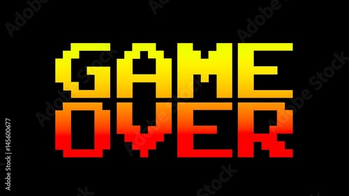 A funky colorful game over screen. 8 bit retro style, red and yellow. 