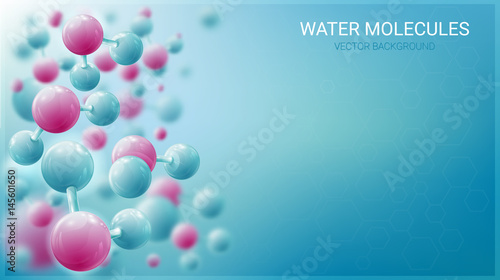 Molecules of water in motion. Luminous atoms. Blurred blue background. Chaotic particles. Vector illustration on a theme of medicine, science, technology. © vit_mar