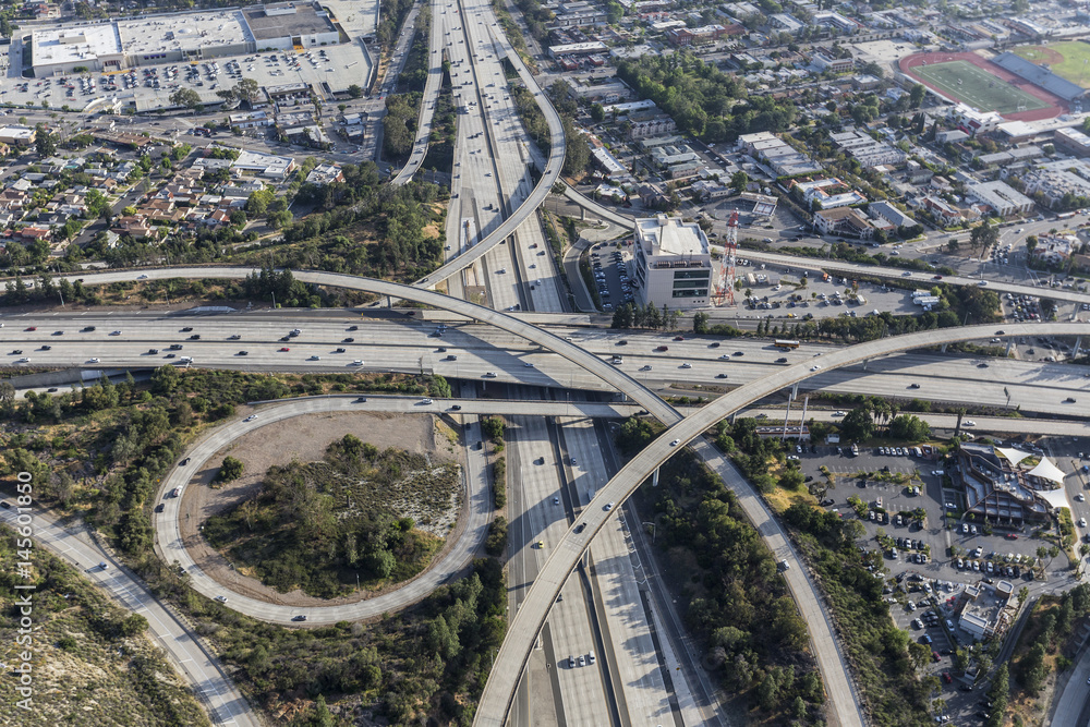 Aerial view of the Glendale 2 and Ventura 134 freeway interchange in the Eagle Rock neighborhood of Los Angeles, California.  