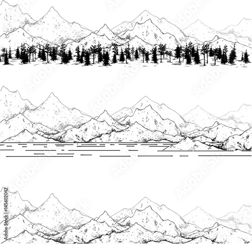 hand drawn contour mountain landscape with forest and lake