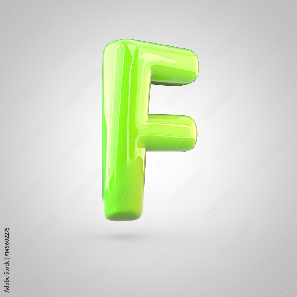 Glossy lime paint alphabet letter F uppercase isolated on white background