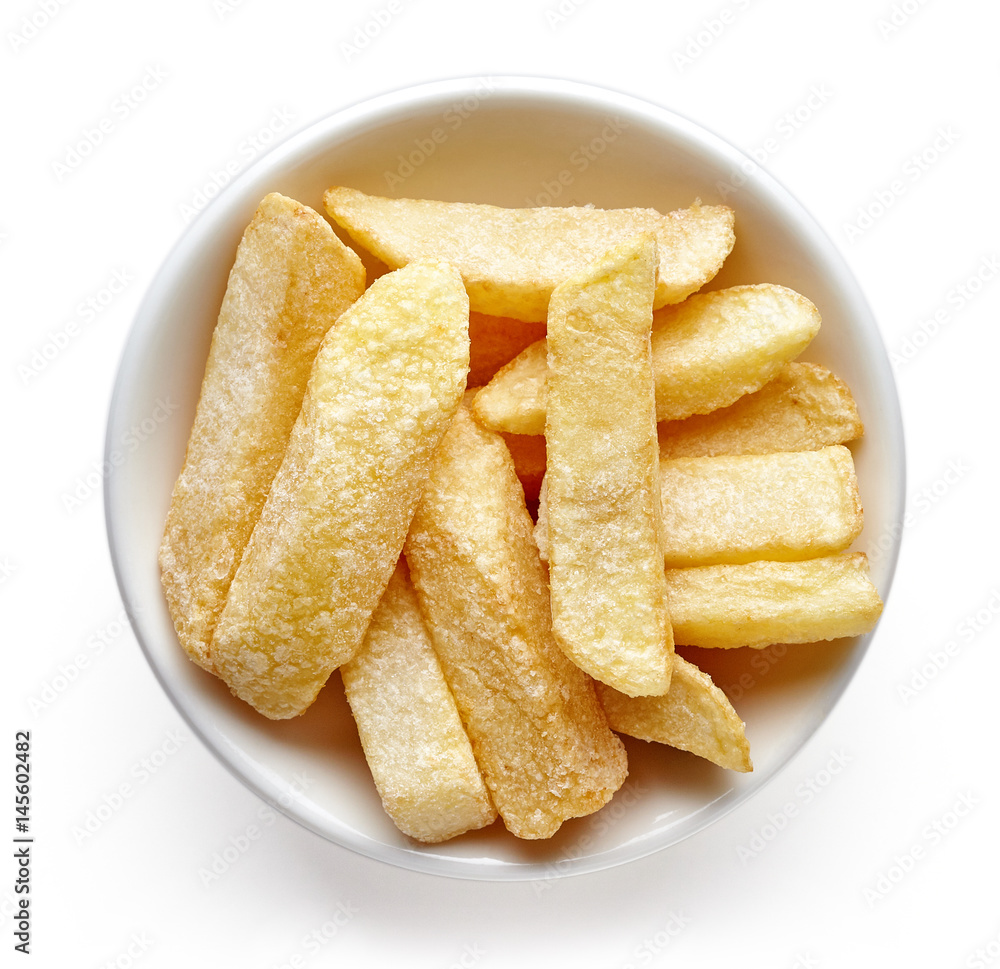 Bowl of french fries isolated on white, from above Bowl of french fries isolated on white, from above