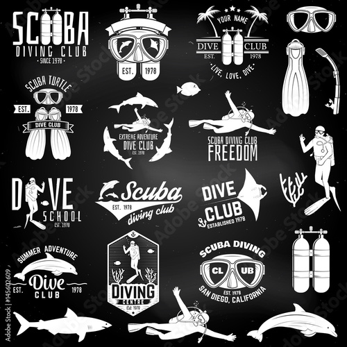 Set of Scuba diving club and diving school design.