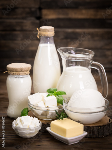 Fresh dairy products on the wooden table
