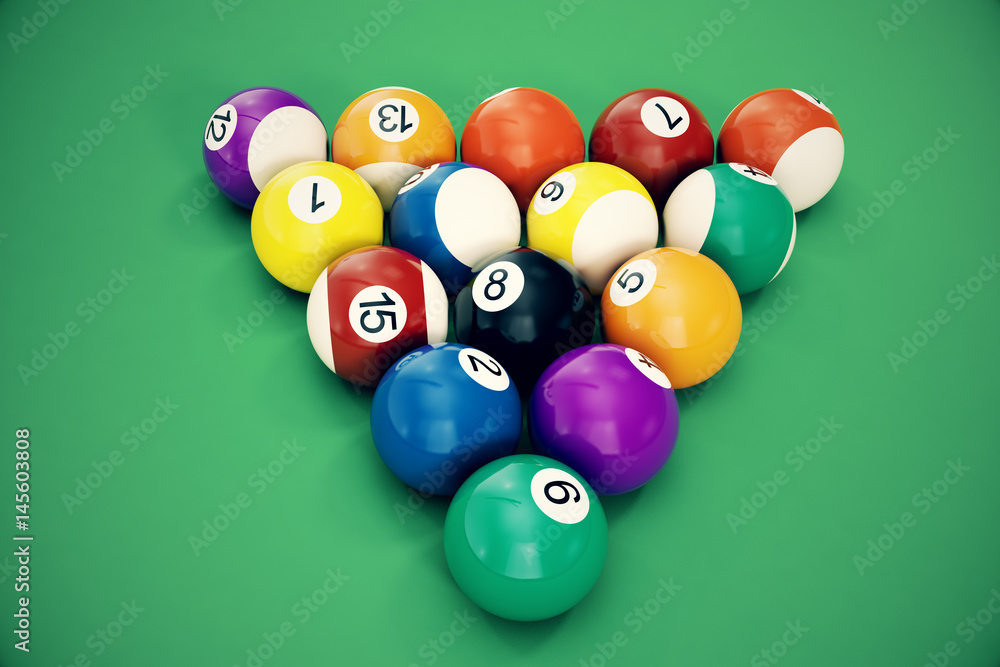 3D illustration Billiard balls arranged in a triangle viewed from above, top view. Snooker, Pool game, Billiard concept 3D illustration Billiard balls arranged in a triangle viewed from above, top view. Snooker, Pool game, Billiard concept