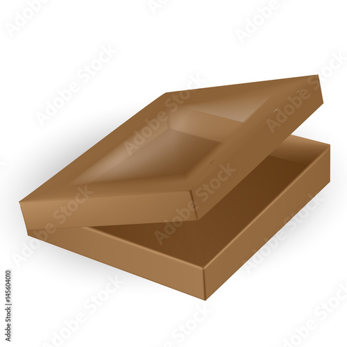 VECTOR PACKAGING: Open empty brown packaging box with window on isolated white background. Mock-up template ready for design