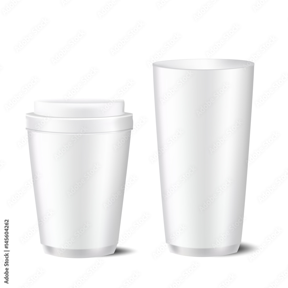 VECTOR MOCKUP TEMPLATE: Set of two disposable white gray caps with lid and without lid on isolated background ready for design VECTOR MOCKUP TEMPLATE: Set of two disposable white gray caps with lid and without lid on isolated background ready for design