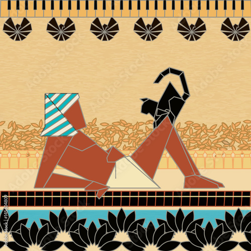 An Egyptian scene of an egyptiona man in toga with a cat reclining on his knees by a pool of water.