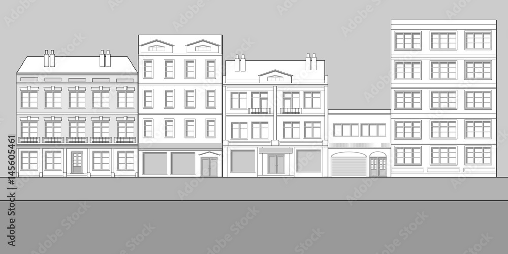 Street,quarter.Home.Black and white. Vector illustration.