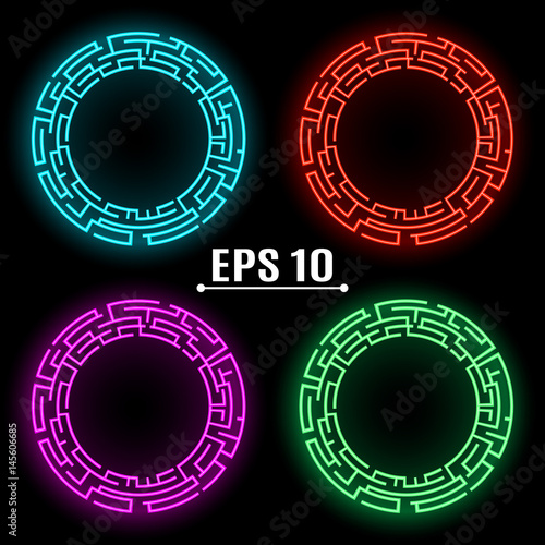 Neon glowing banners of different colors .Techno Geometric Vector Circle. Modern Science. Abstract Background