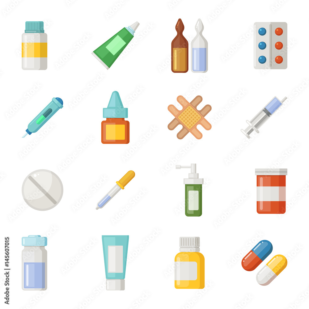 Vector icons set of medications. Drugs and pills isolate on white background Vector icons set of medications. Drugs and pills isolate on white background