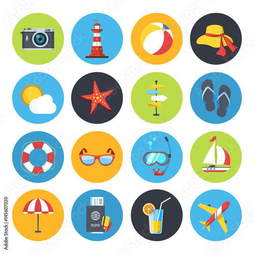 Vector summer icon set. Sunrise, sea and vacation tour