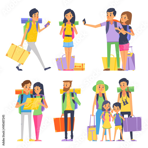 Tourist group of happy people goes to vacation. Couple or family with kids in traveling. Vector illustration