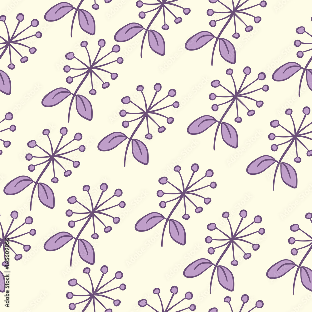 Seamless purple flower and brunch pattern on pastel. Hand drawn