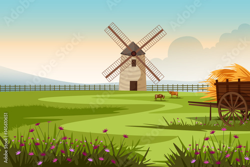 Rural farm landscape with windmill