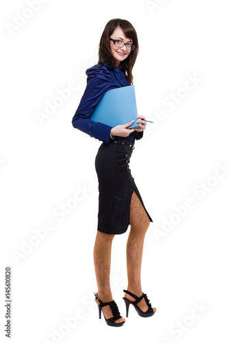Full body portrait of business woman with blue folder, isolated on white