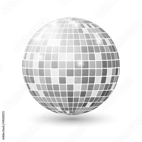 Disco ball isolated illustration. Night Club party light element. Bright mirror silver ball design for disco dance club.