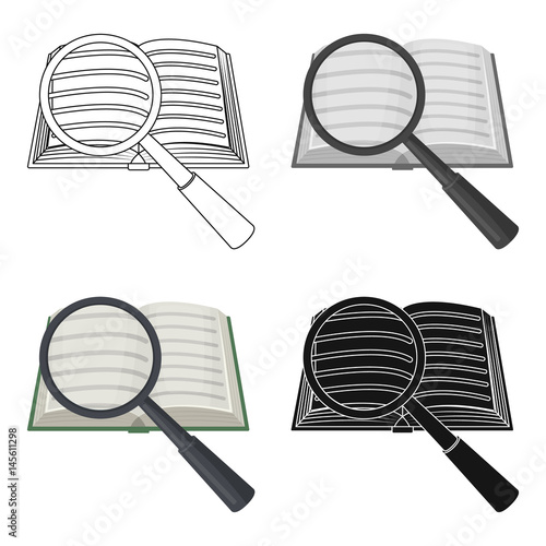 Seraching of information in the book icon in cartoon style isolated on white background. Library and bookstore symbol stock vector illustration.