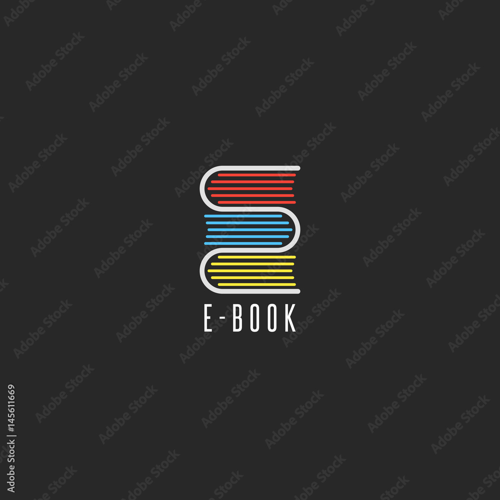 E-book bookstore logo, online school education emblem mockup, reading club icon, stack books in the shape of the letter E E-book bookstore logo, online school education emblem mockup, reading club icon, stack books in the shape of the letter E