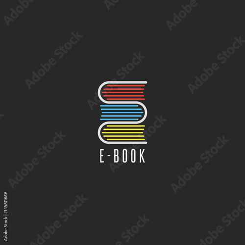 E-book bookstore logo, online school education emblem mockup, reading club icon, stack books in the shape of the letter E