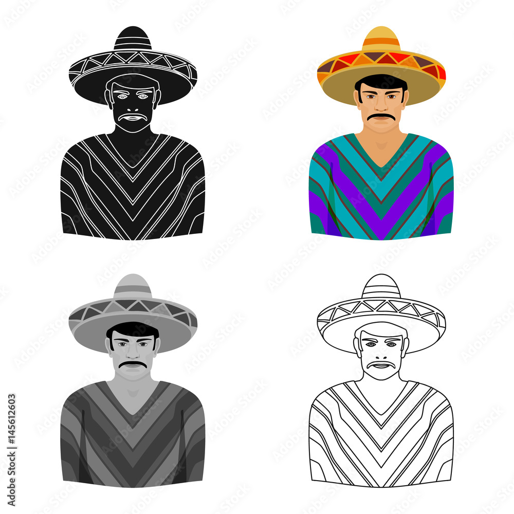 Mexican man in sombrero and poncho icon in cartoon style isolated on ...