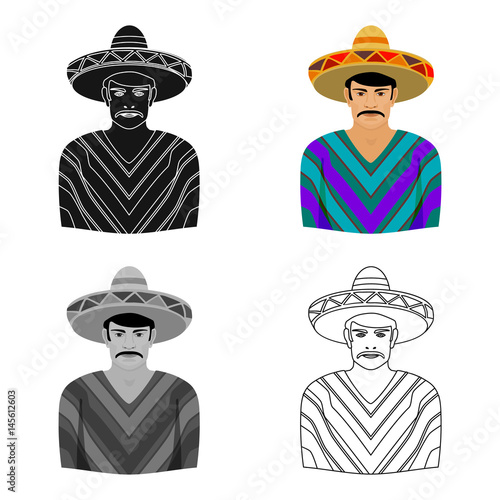 Mexican man in sombrero and poncho icon in cartoon style isolated on white background. Mexico country symbol stock vector illustration.