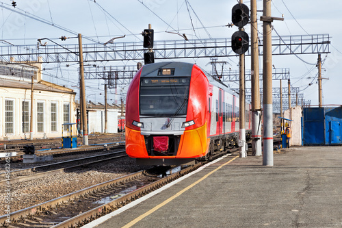 The new Russian high-speed train arrives at the railway platform