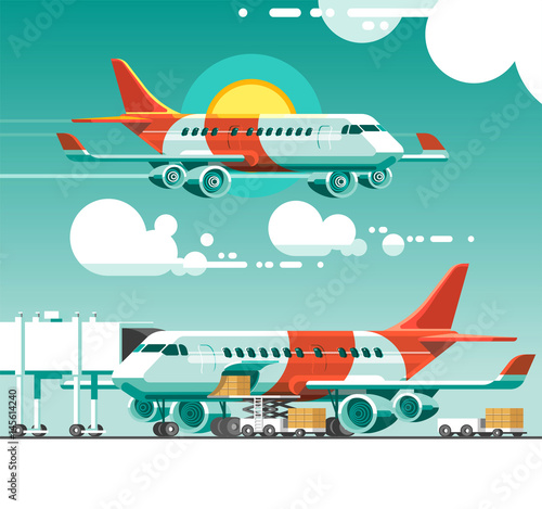 The plane flying between the clouds on a background of the sun. Airplane is being loaded with cargo in preparation for departure. 3d vector illustration.