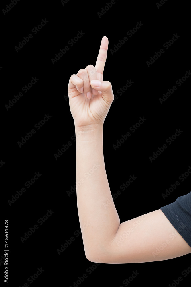right hand a woman show the first, number one sign, point to aim. isolated  on black background Stock Photo