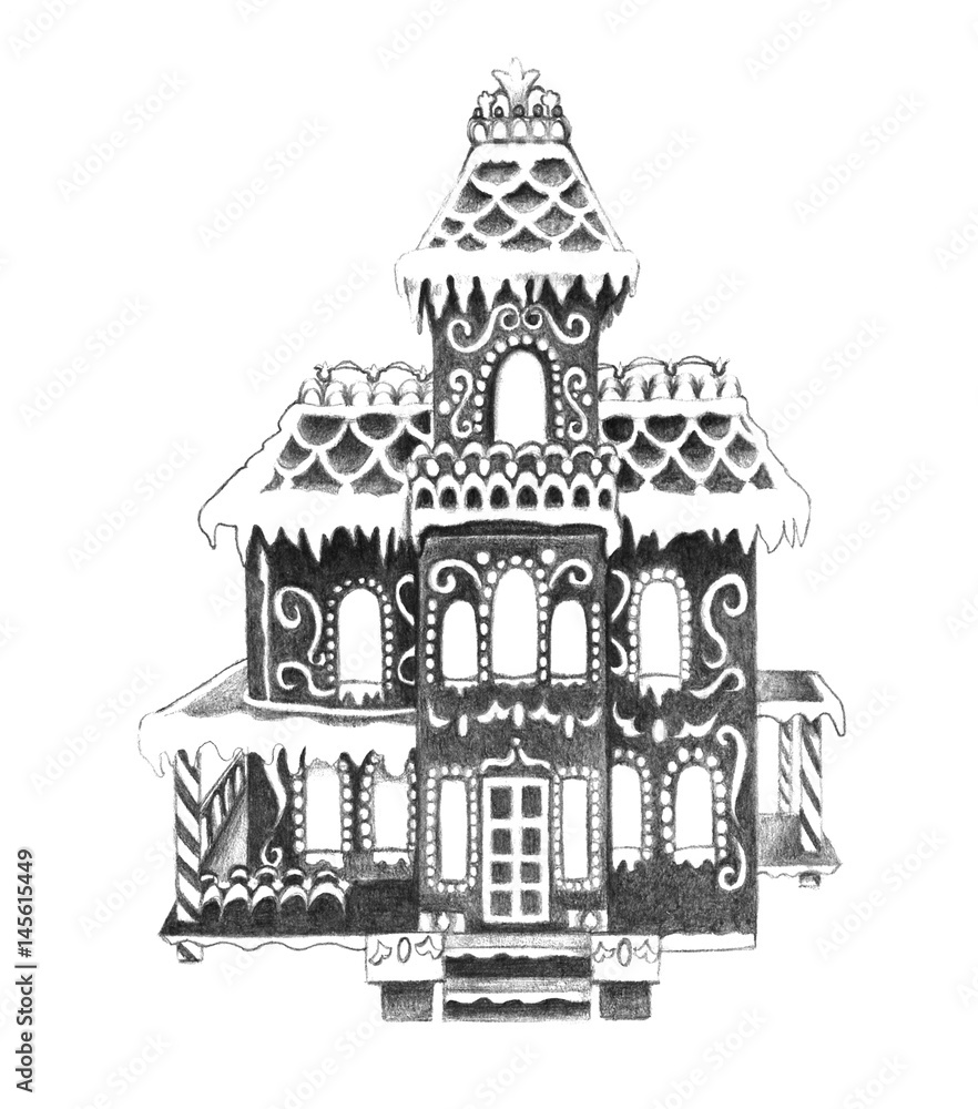 Gingerbread house on white background, pencil illustration