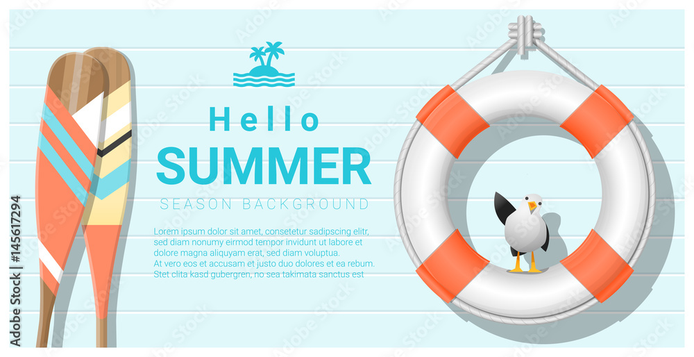 Obraz premium Hello summer background with lifebuoy and canoe paddle , vector , illustration