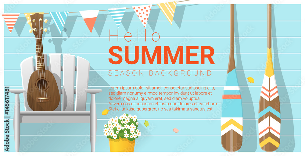 Obraz premium Hello summer background with ukulele on white chair and canoe paddle , vector , illustration