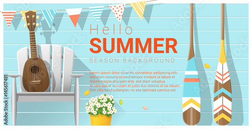 Hello summer background with ukulele on white chair and canoe paddle , vector , illustration