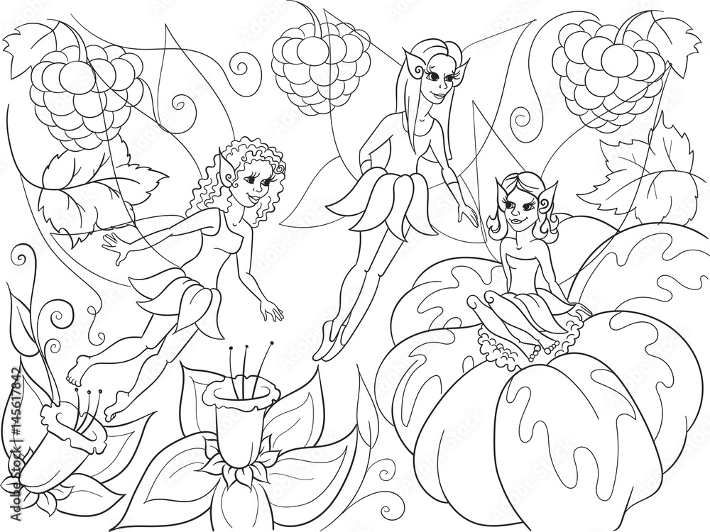 Fairy-tale world of fairies coloring book for children cartoon vector illustration