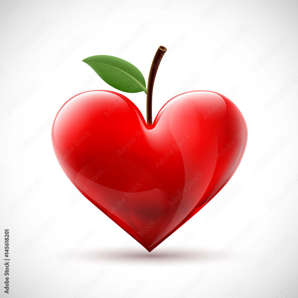 Obraz premium Red human heart with a leaf in the form of a berry.