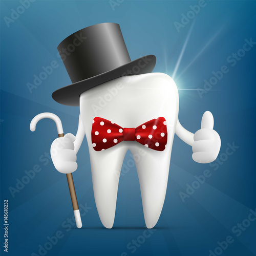 Human tooth in a hat, with a cane and a bow tie.