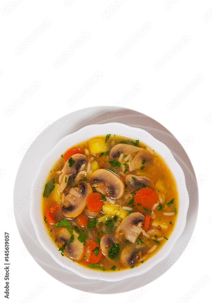 mushroom soup with rice and vegetables. top view. isolated on white mushroom soup with rice and vegetables. top view. isolated on white