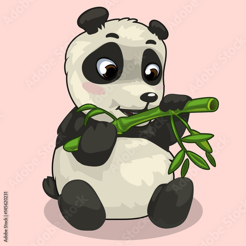 Fototapeta Naklejka Na Ścianę i Meble -  Baby Panda with sprig of bamboo on pink background