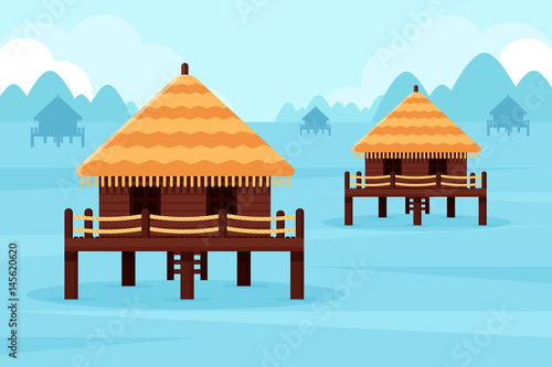 Bungalows in Ocean Bay. Flat Design Style.