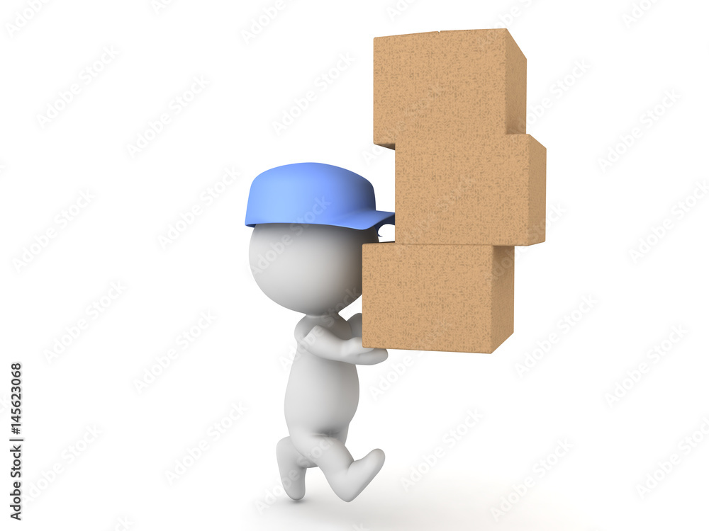 3D illustration of delivery man running and carrying many packages 3D illustration of delivery man running and carrying many packages