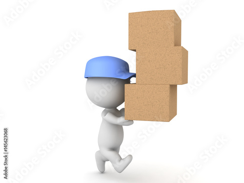 3D illustration of delivery man running and carrying many packages
