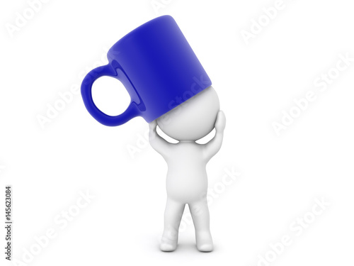 3D Character distressed with giant coffee cup on his head photo