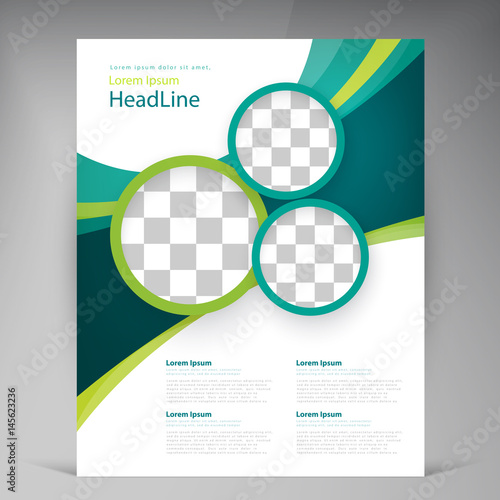 Vector abstract template design leaflet, flyer, poster, brochure, cover with turquoise and green multilayer stripes and round frames